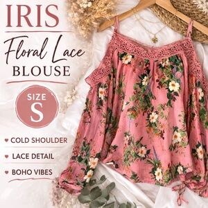 Iris Boho Top Pink Floral Lace Cold Shoulder Boho Blouse Size S